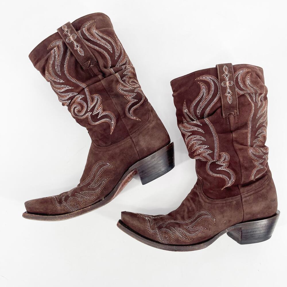 Lucchese Women’s 7 Chocolate Brown Suede Embroidered Slouch Cowgirl Boots - Picture 4 of 11